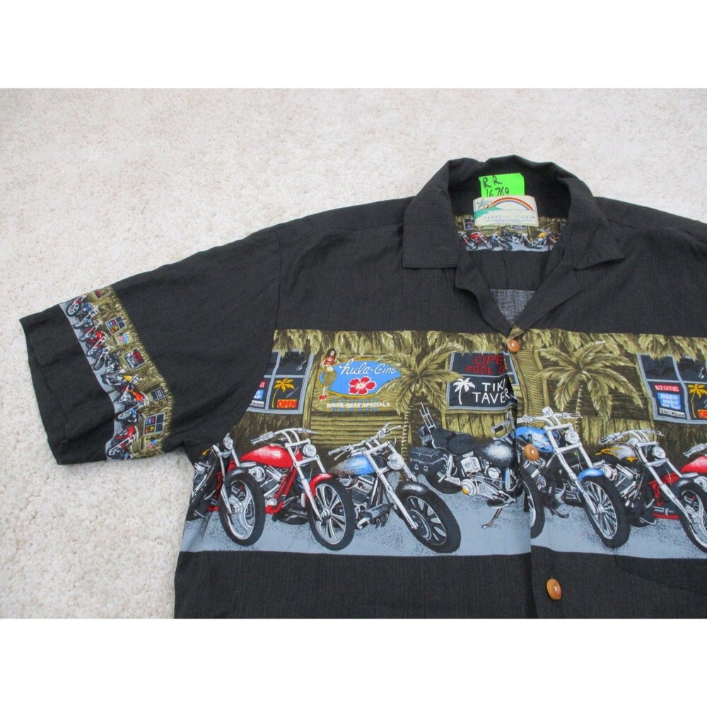 Paradise Found Shirt Men Medium Black Motorcycle Graphic Print Hawaiian Button - Picture 3 of 9